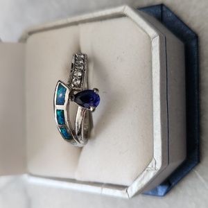 925 Silver, Sapphire, Opal Ring
